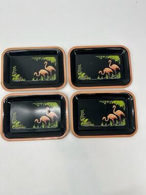 Vintage Pink Flamingo Mid Century 4 Mini Trays Coasters Plates
